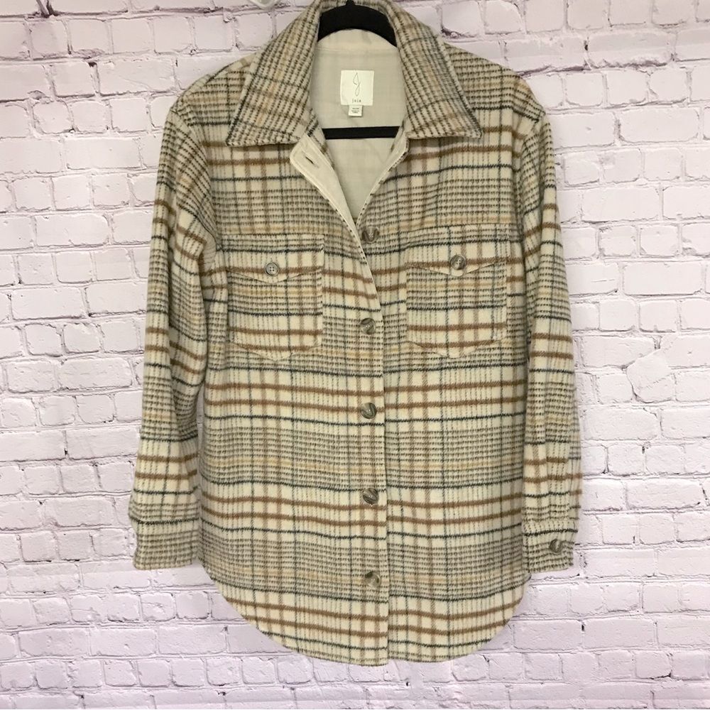 NWOT JOIE Oversized Neutral Plaid Button Up Casual Wool Blend Jacket Shacket M